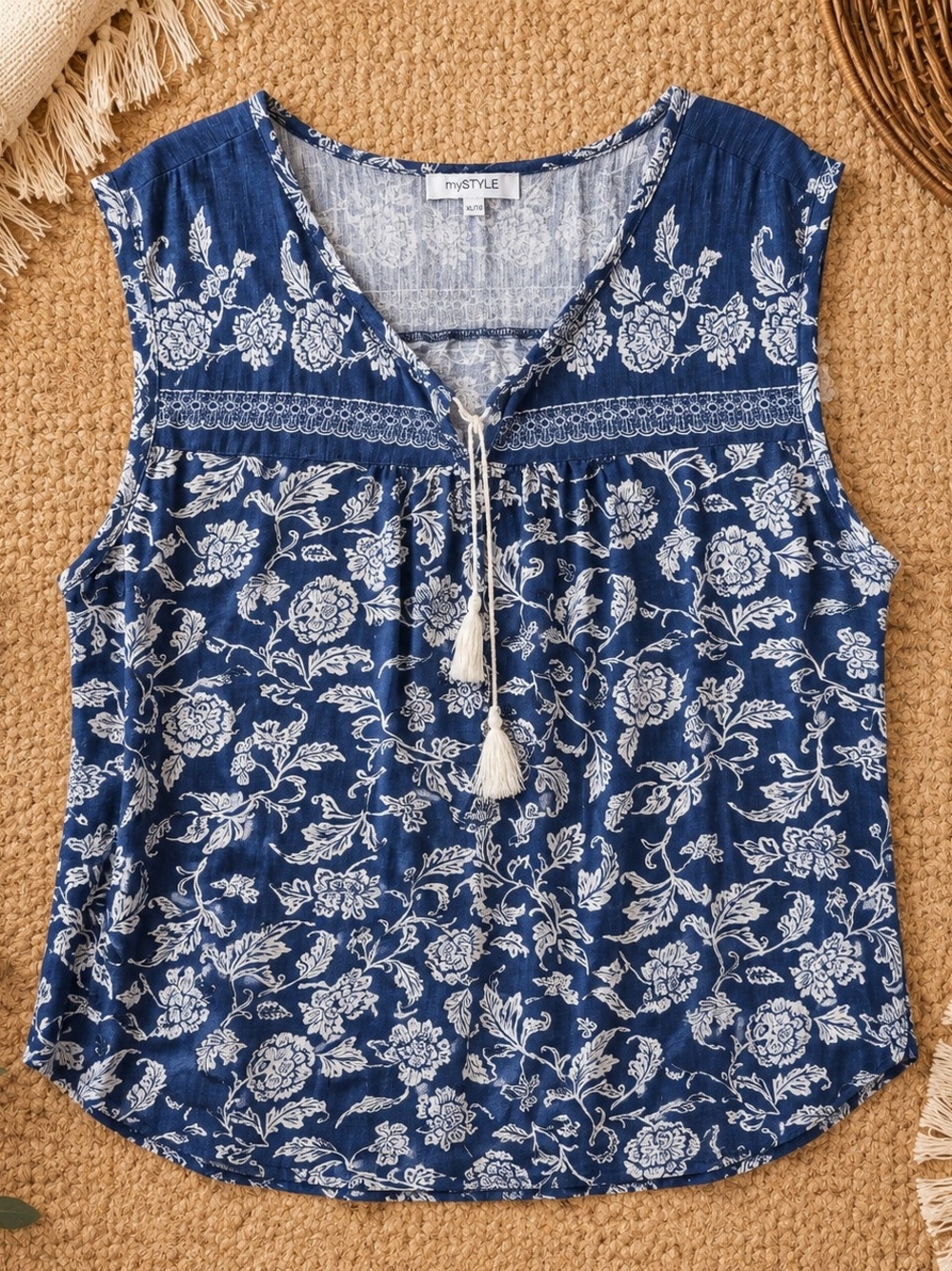 mySTYLE Boho Floral Tassel Blouse XL Cotton Modal